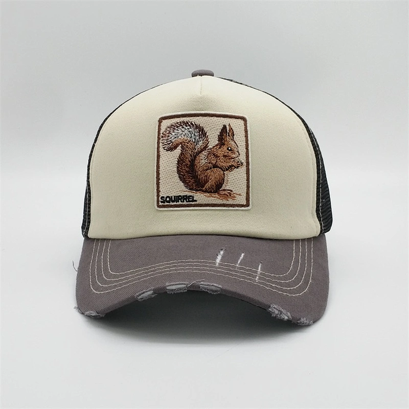 Custom 5 Panel Mesh Distressed Worn Out Double Snap Closure  High Quality Patches Embroidery Squirre Snapback Trucker Hats Cap