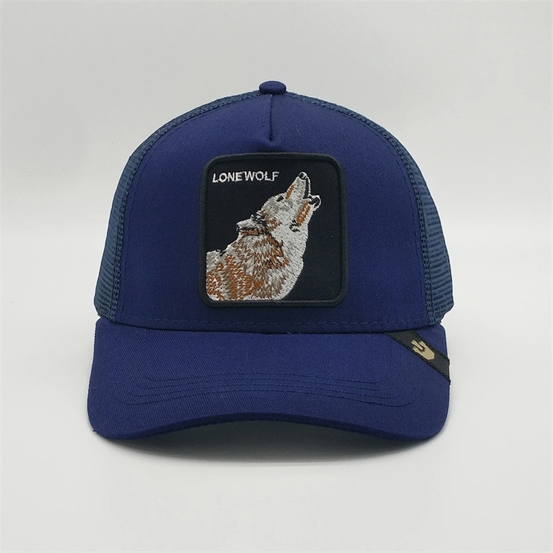 High Quality Custom 5 Panels Navy Blue Snapback Wolf  Animal Trucker Cap Mesh Hats 3D Embroidery Patch Badge Sports Caps