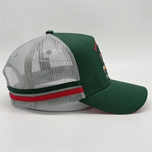 Custom 5 Panel Embroidery Logo Hat,Red Underbrim Snapback Trucker Cap,High Crown Mint Green Stripes Trucker Hat
