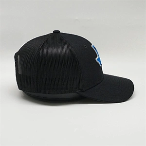 Customized Pure Black Cotton Puff Embroidery Caps Plastic Snapback Mesh Trucker Hat With Embroidered Patch