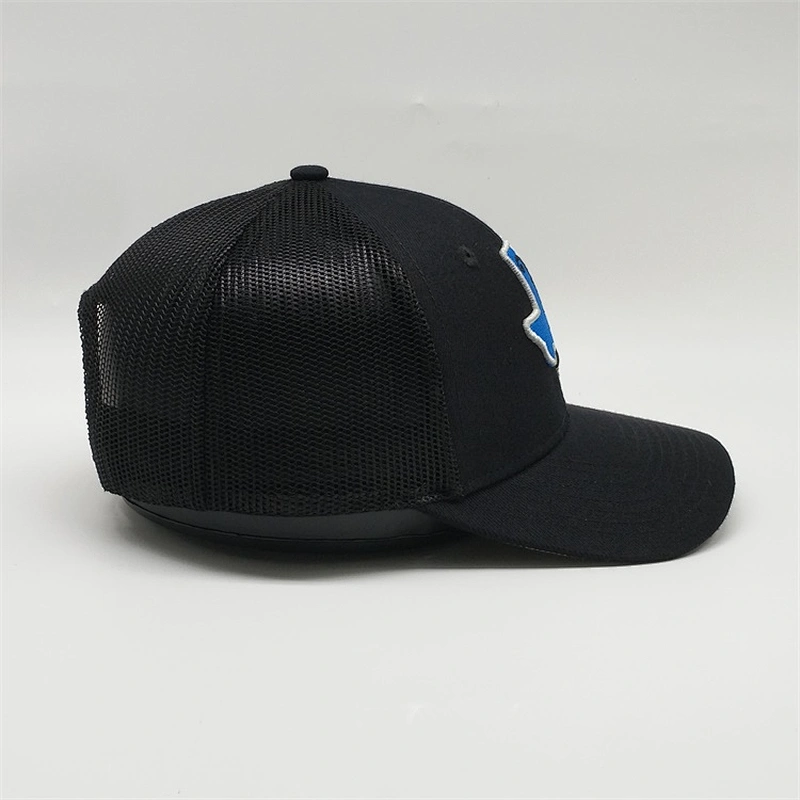 Customized Pure Black Cotton Puff Embroidery Caps Plastic Snapback Mesh Trucker Hat With Embroidered Patch