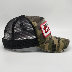 Wholesale Custom Distressed Camouflage Trucker Cap,Vintage Patch Embroidery Design Snapback Cap,Worn-out Camo Trucker Mesh Hat