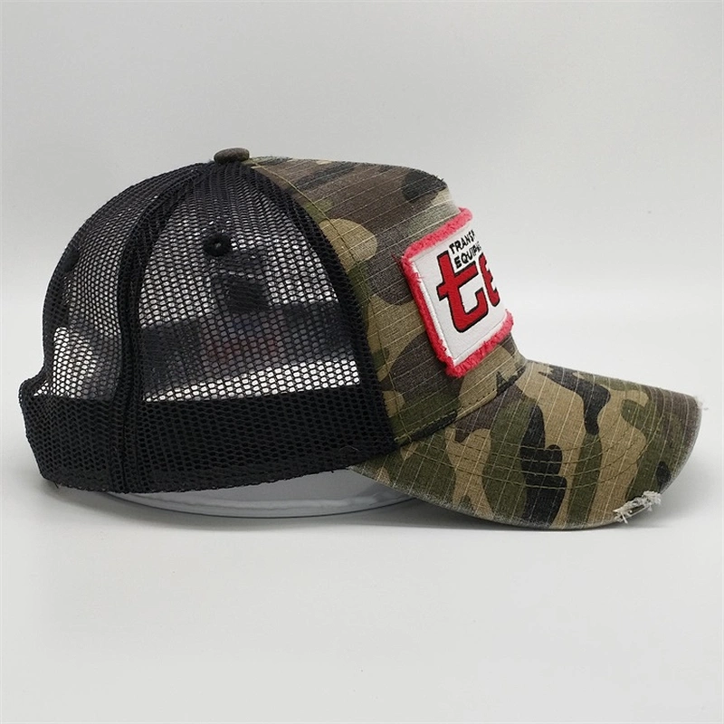 Wholesale Custom Distressed Camouflage Trucker Cap,Vintage Patch Embroidery Design Snapback Cap,Worn-out Camo Trucker Mesh Hat