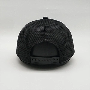 Customized Pure Black Cotton Puff Embroidery Caps Plastic Snapback Mesh Trucker Hat With Embroidered Patch