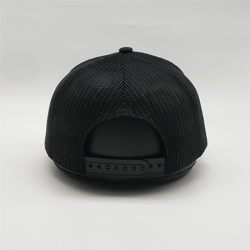 Customized Pure Black Cotton Puff Embroidery Caps Plastic Snapback Mesh Trucker Hat With Embroidered Patch