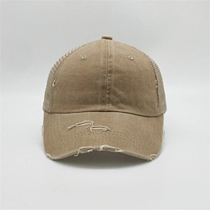 Custom Logo Distressed Vintage Cotton Ponytail  Champagne Unstructured 6 panel Worn Out Baseball Trucker Mesh Cap Hat