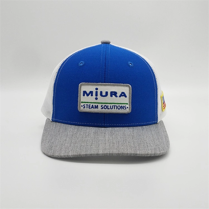Wholesale Custom Mesh Royal Blue American Flag Snap Back Plastic Patch Hat Embroidery Trucker Cap With Rubber Patch