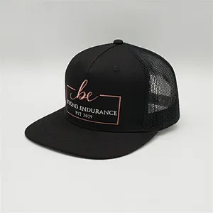 Custom  5 Panel Plain Flat Short Bill  Black Trucker Hats , High Quality Trucker Hats ,  100% Cotton Mesh Trucker Caps