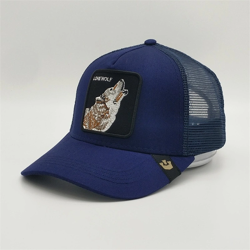 High Quality Custom 5 Panels Navy Blue Snapback Wolf  Animal Trucker Cap Mesh Hats 3D Embroidery Patch Badge Sports Caps