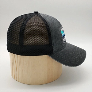 Custom 6 Panel Pigment Washed Fabric Embroidery Patch Mesh Trucker Cap