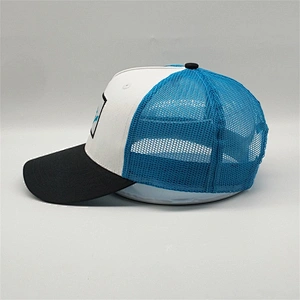 Customized Plain 5 Panel Snap Backs Embroider Blue Cotton Mesh Trucker Hats With Logo
