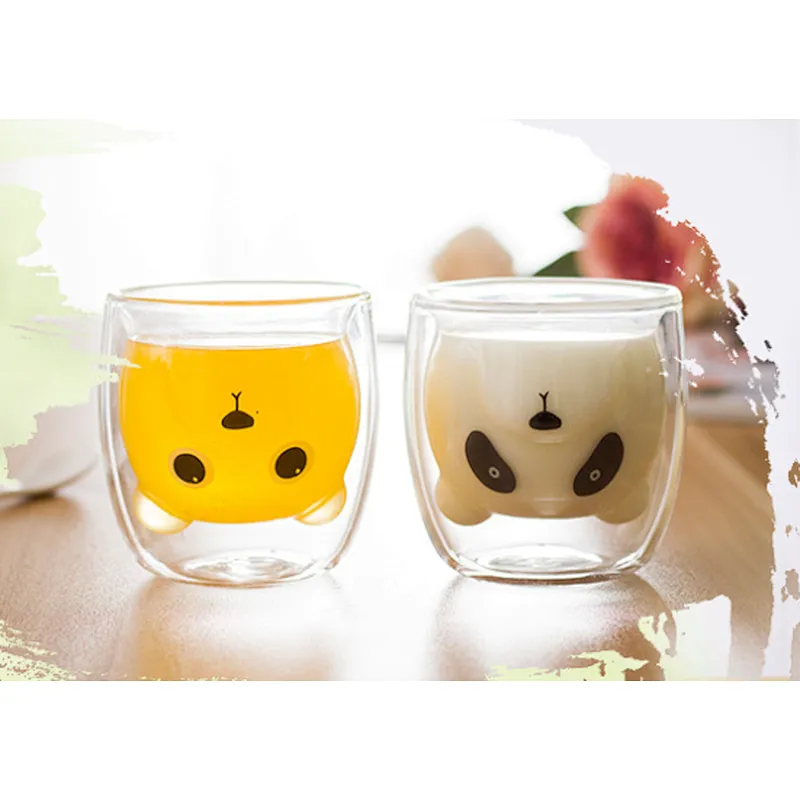 Korean creative double-layer Cartoon Bear glass cup coffee transparent cup office heat insulation Cup