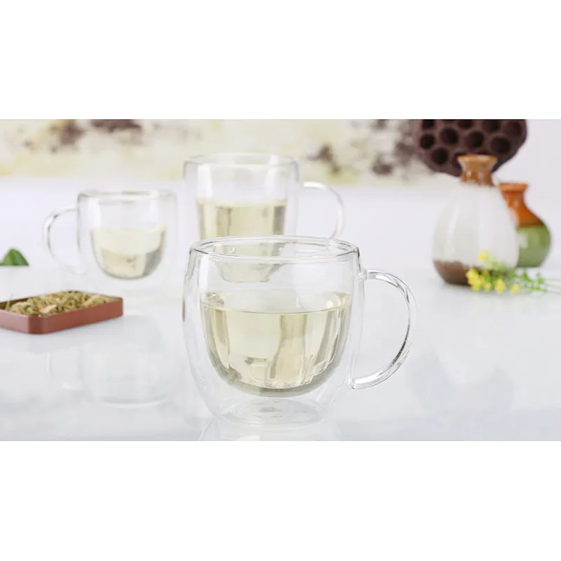 Double glass mug manufacturers wholesale insulation double handle transparent glass cup