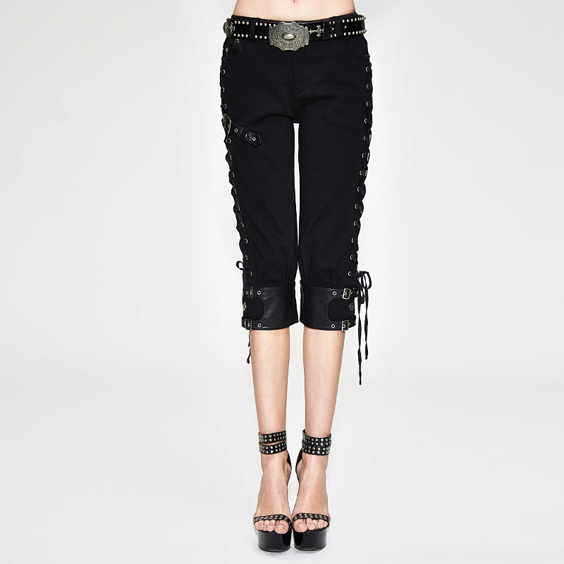 On the side, rope-punk sheer black ladies' trousers