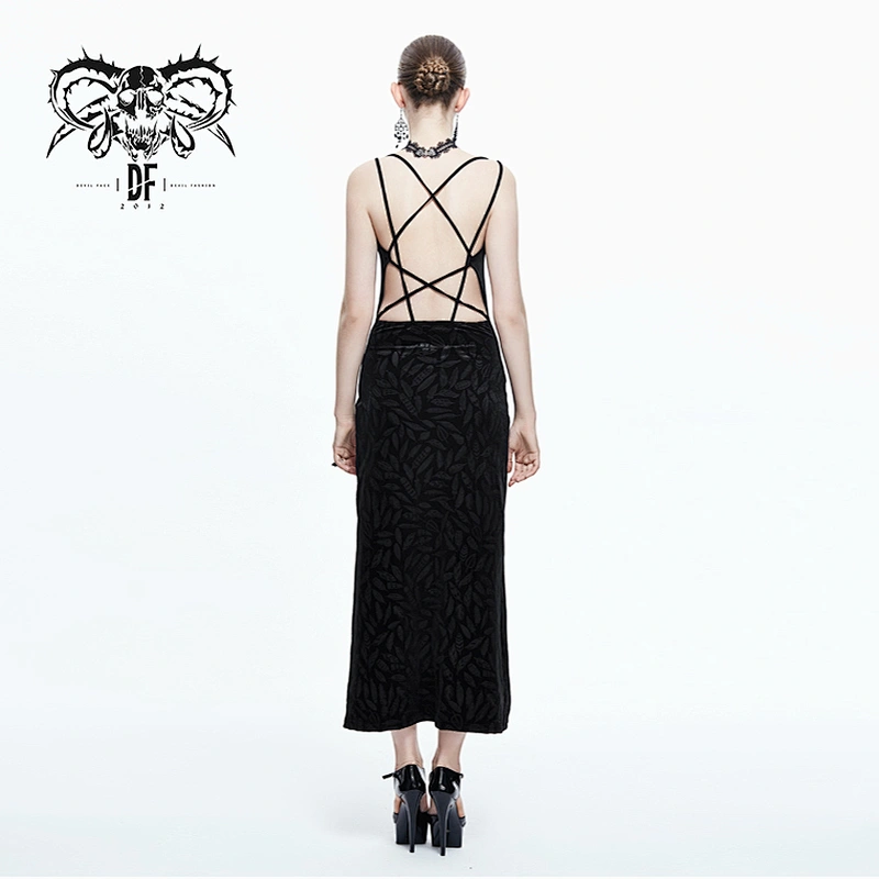 Velvet feather embossed swing neck halter dress