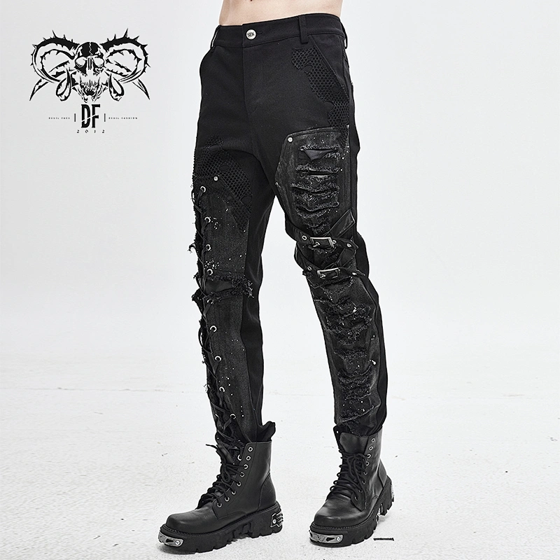 Right leg rope left leg cut effect drips bleached men's trousers