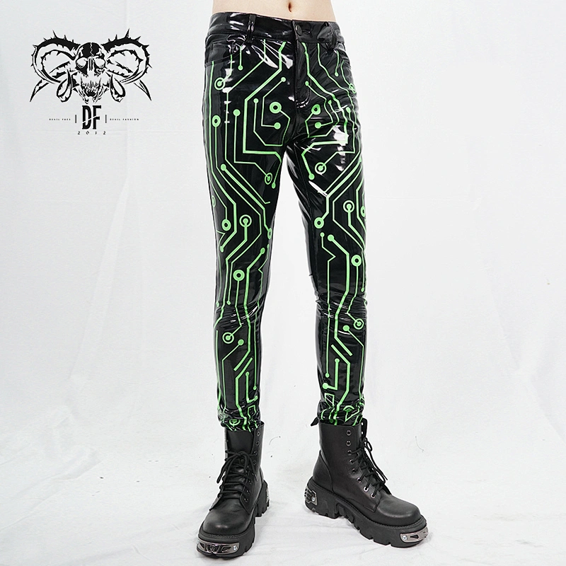 Circuit board fluorescent green printed trousers for men
