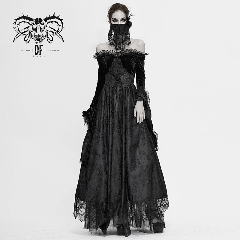 SKT120 Gothic party noble queen black fur off shoulder flared sleeves lace pleated long formal dress