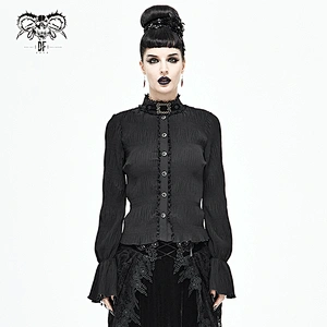 SHT071 daily life gothic women lace stand up collar horn sleeves black pleated chiffon blouse