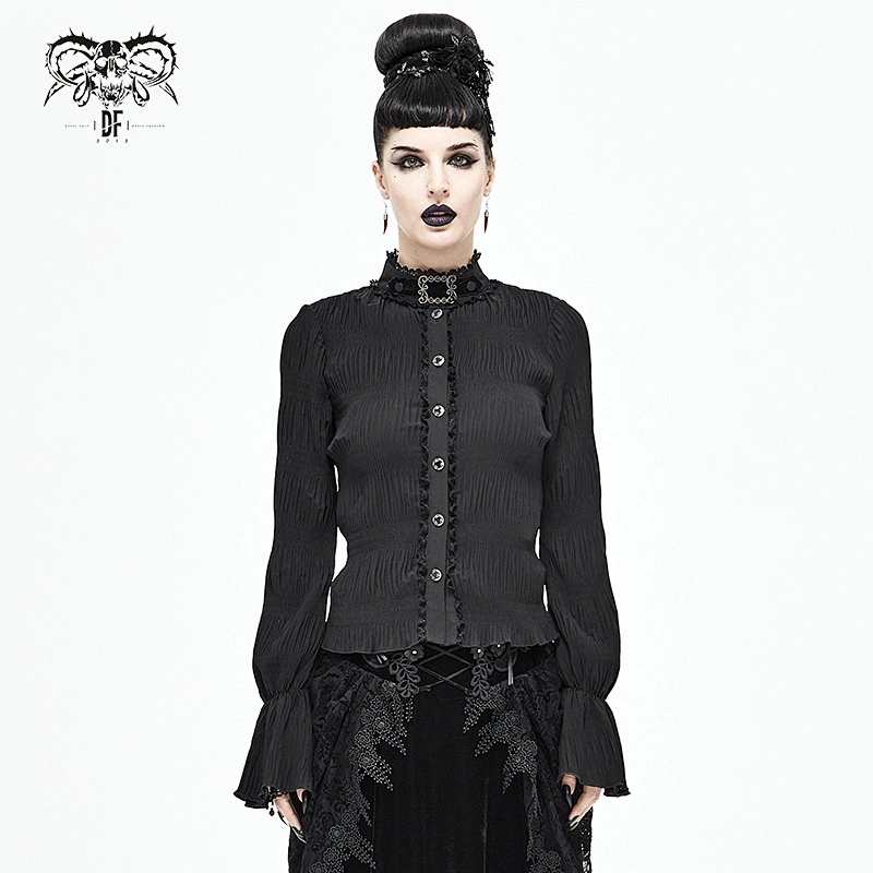 SHT071 daily life gothic women lace stand up collar horn sleeves black pleated chiffon blouse