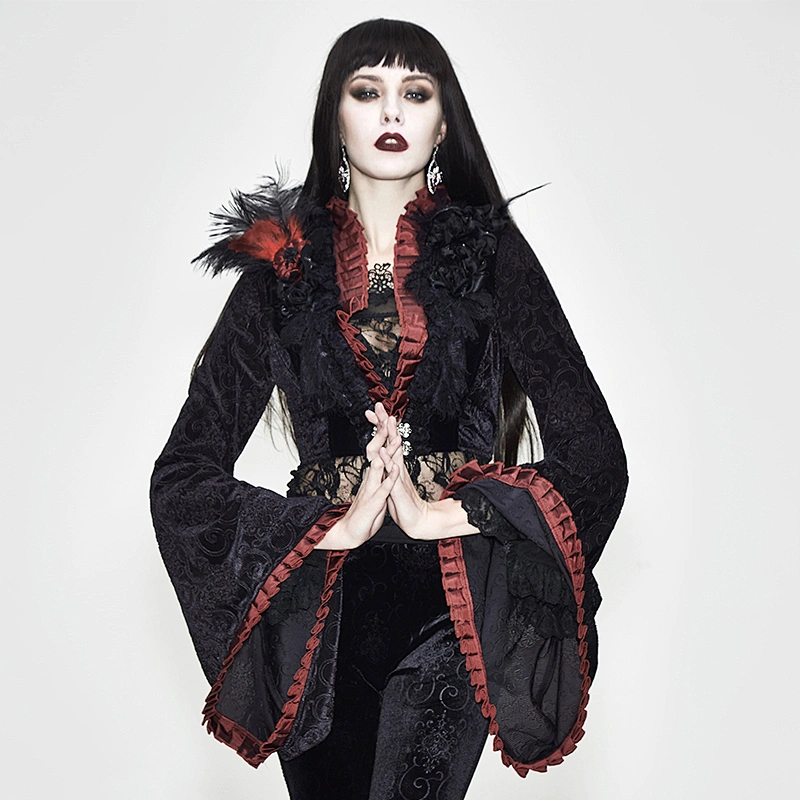 ECT009 Eva lady Japanese fashion kimono cuff rose flower feather brooch embossed velvet short jacket