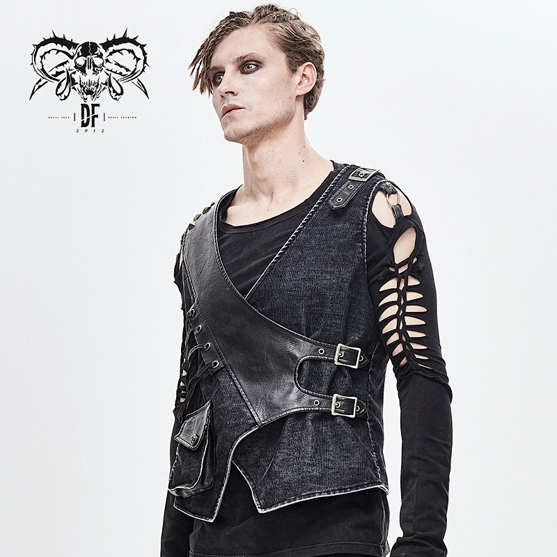 WT050 devil fashion old effect spliced asymmetric men punk rock spiked leather vest with bag