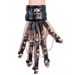 GE001 Devil fashion rivets studded punk skull black women leather gloves with chain