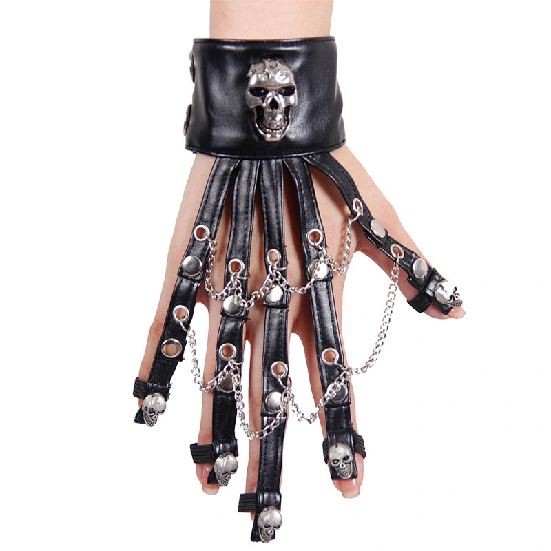GE001 Devil fashion rivets studded punk skull black women leather gloves with chain