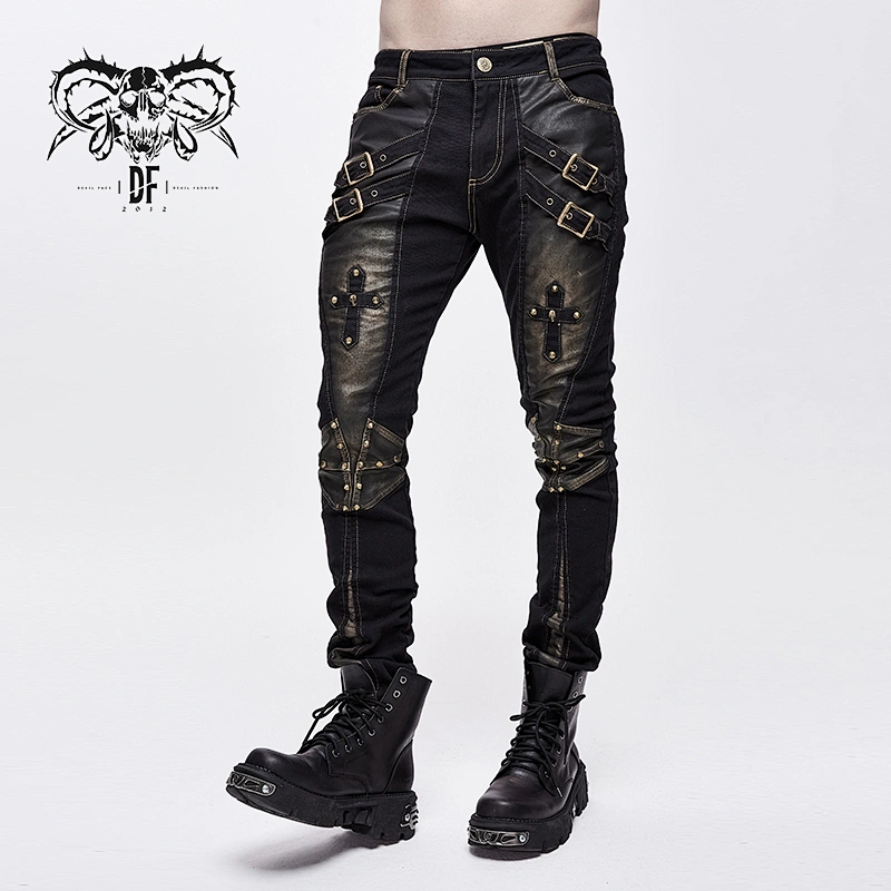 PT10402 Devil fashion bronze cross decorated patchwork steampunk spiked men trousers