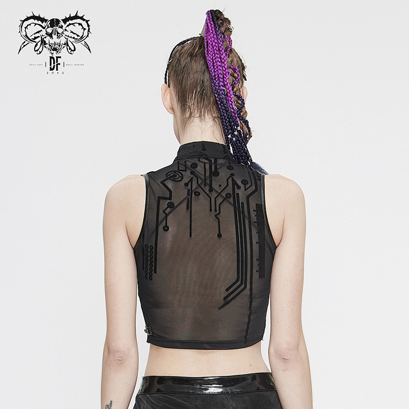 TT170 Cyberpunk circuit board pattern printed mesh small stand collar stretchy sleeveless ladies short vest
