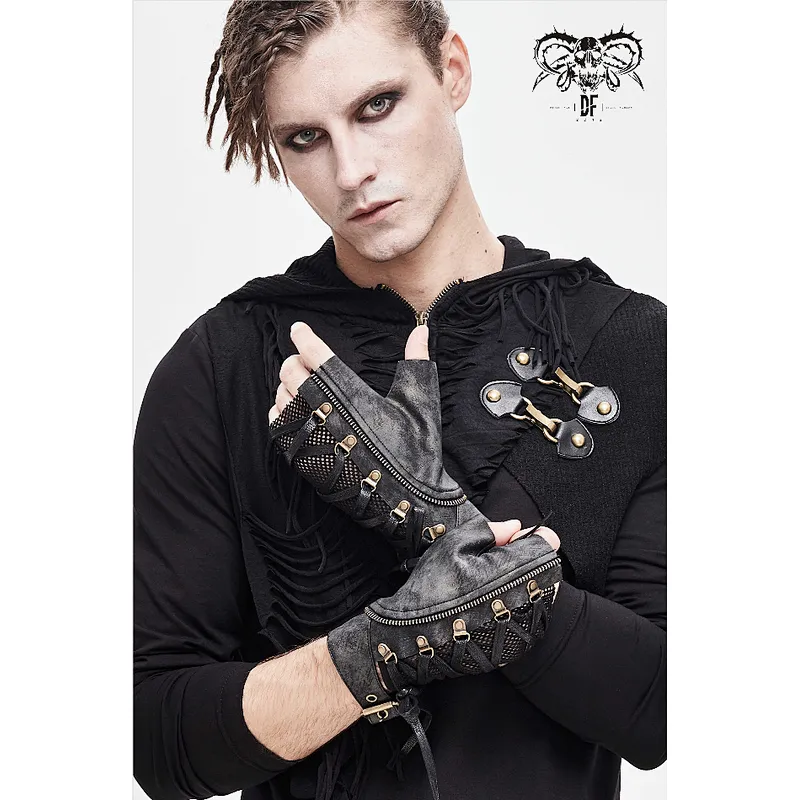 GE012 devil fashion metallic punk rock distressed lace up men leather half-finger gloves