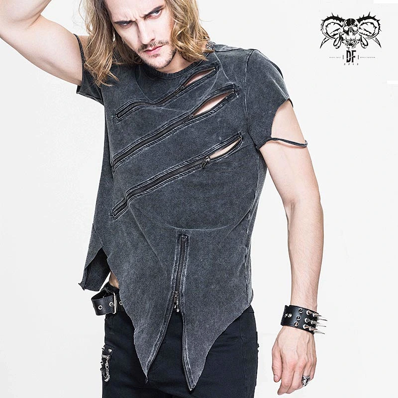 TT061 everyday summer punk rock faded men partition zippered cotton short sleeves T-shirt