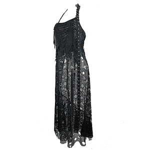 SKT079 summer sexy women backless broken holes mesh punk skull black long halter dress
