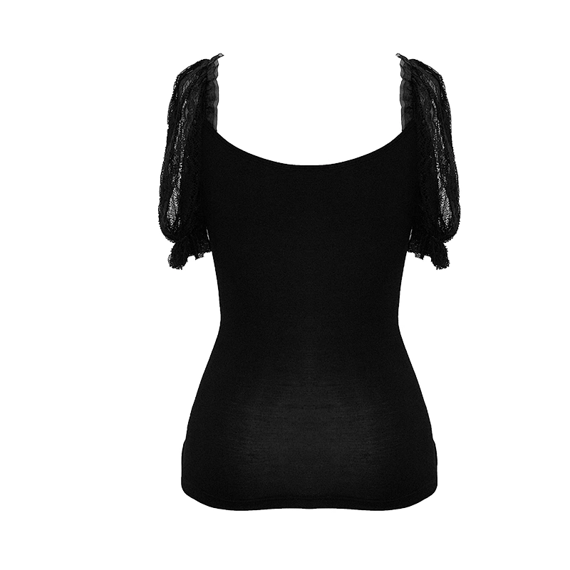 TT120 Summer corset look vertical flower lace bubble sleeve black sexy ladies skinny gothic T-shirt