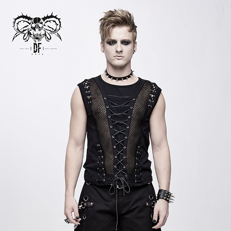 TT126 see through coarse grain woolen tied with rope cotton sleeveless laced up men vest