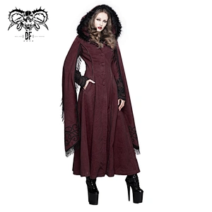 CT02402 western fashion winter macrame shawl sleeves fur hooded red lace up gothic women long coat