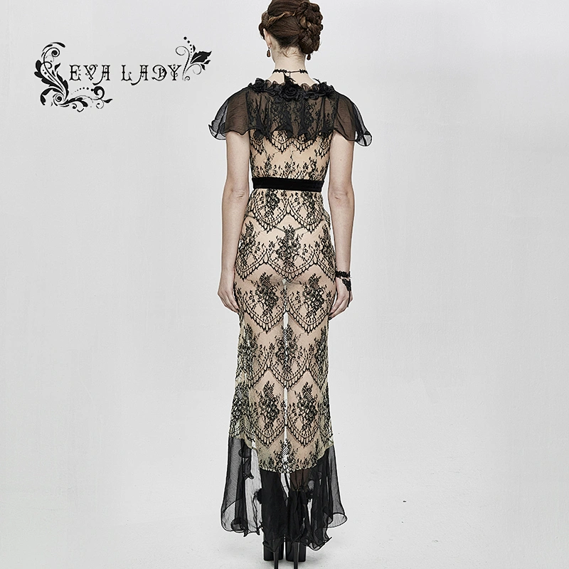 ESKT025 Eva lady evening party lace v neck nude women long dress with slit