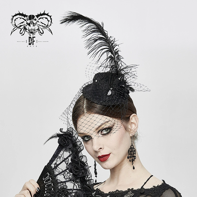 AS054 Devil fashion vintage mysterious girl cosplay women mesh mini top hat with feather