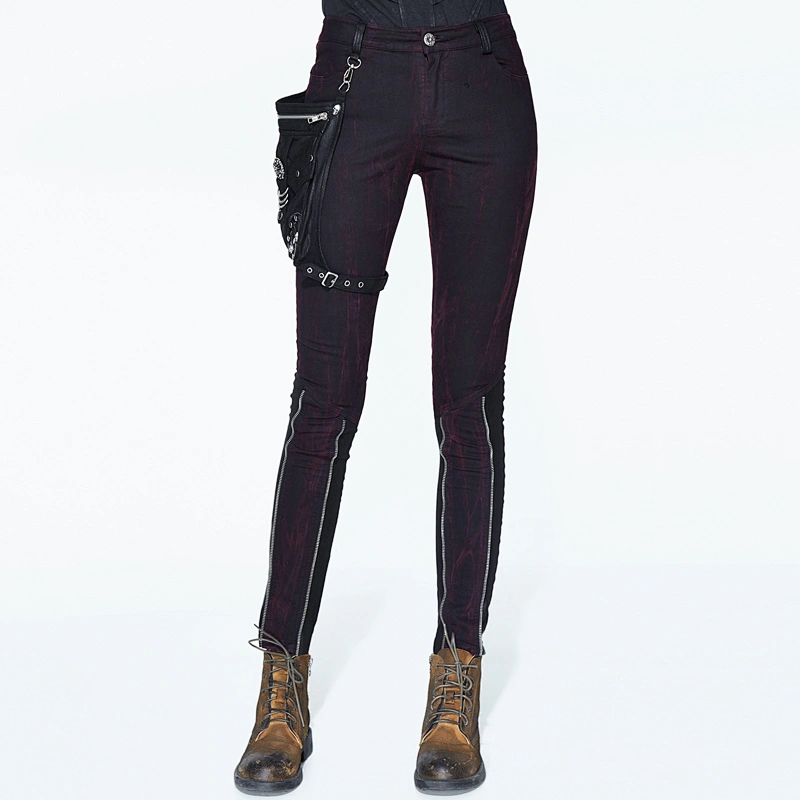PT08102 Devil fashion designer distressed wine sexy ladies steampunk skinny pants with leg bag