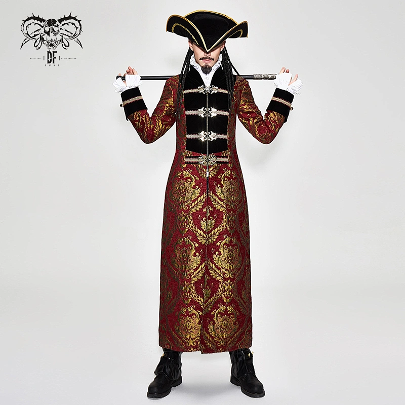 CT096 Cosplay Pirate style red and gold jacquard gothic pattern long men coat