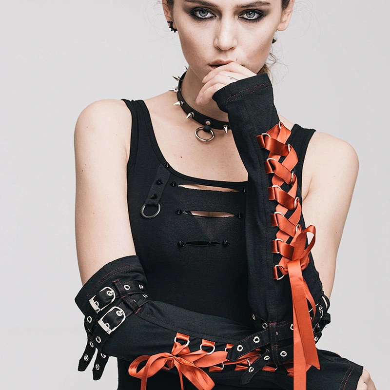 TTP224 daily life casual  punk rock sexy black hollow out rivets studded black women vest