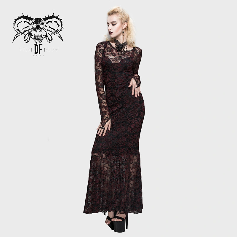 SKT03202 Black and red rose mesh flocking elastic backless sexy women fishtail long dress