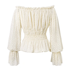 TT15102 beige elegant ladies everyday flat shoulder lace floral mesh lantern sleeves smocked fitted T-shirt