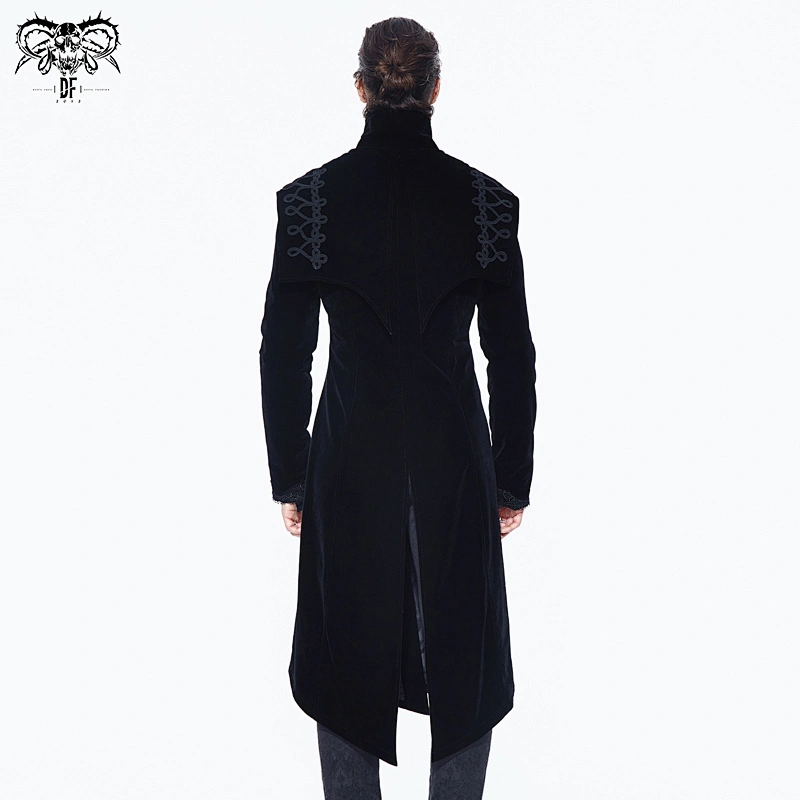 CT07701 devill fashion stand collar cape shoulder spiral ribbons gothic black velveteen men long coats