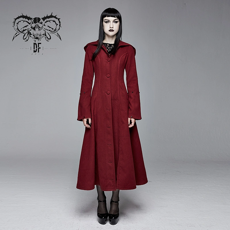 CT12602 devil fashion red Gothic women winter warm double-faced woolen fur hooded long coats