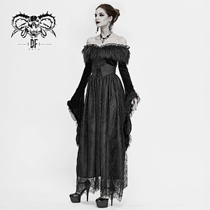 SKT120 Gothic party noble queen black fur off shoulder flared sleeves lace pleated long formal dress