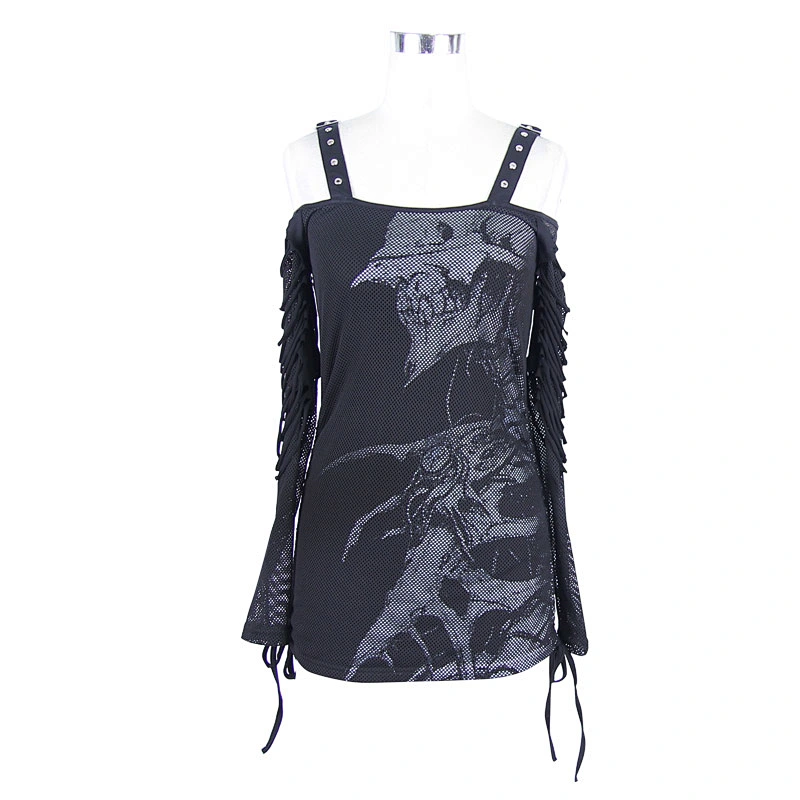 TT043 daily Summer western fashion skull printed punk women black mesh long sleeves flat shoulder halter T-shirt