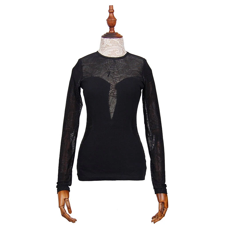 TT002 summer daily transparent Spider web round collar long sleeves sexy women black thin T-shirt