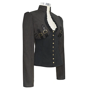 SHT053 unique design Steampunk brown bare breast patchwork striped sexy women blouse