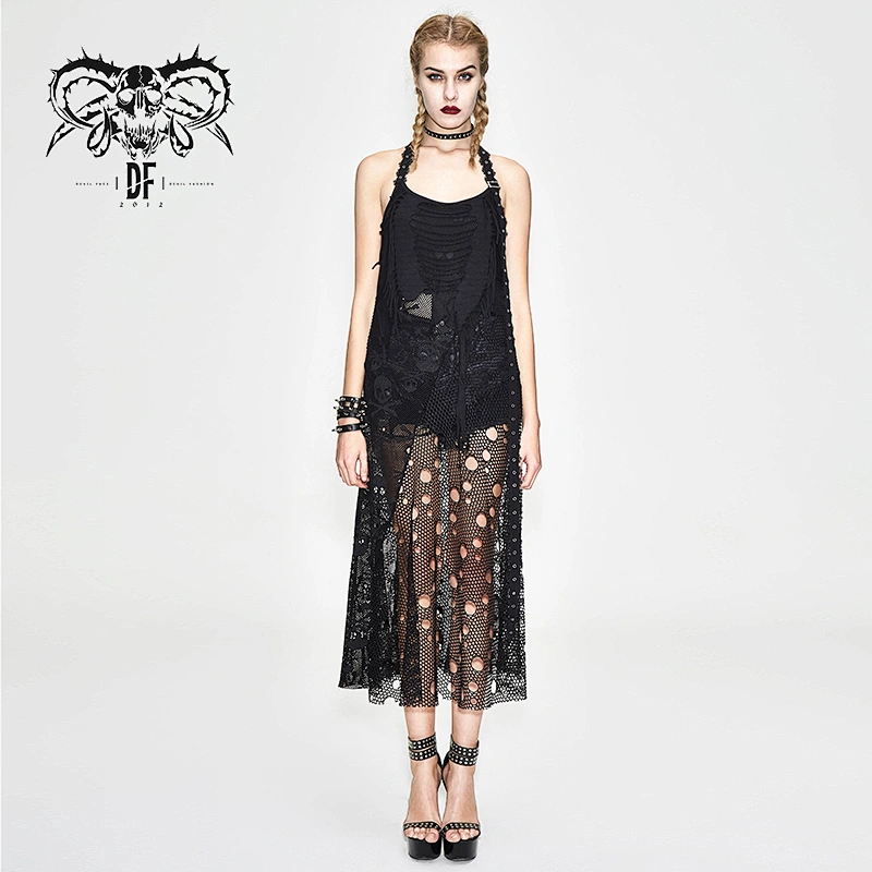 SKT079 summer sexy women backless broken holes mesh punk skull black long halter dress